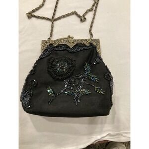 Preston & York Black Beaded Evening Bag Snake Clasp Ornate Brass Frame